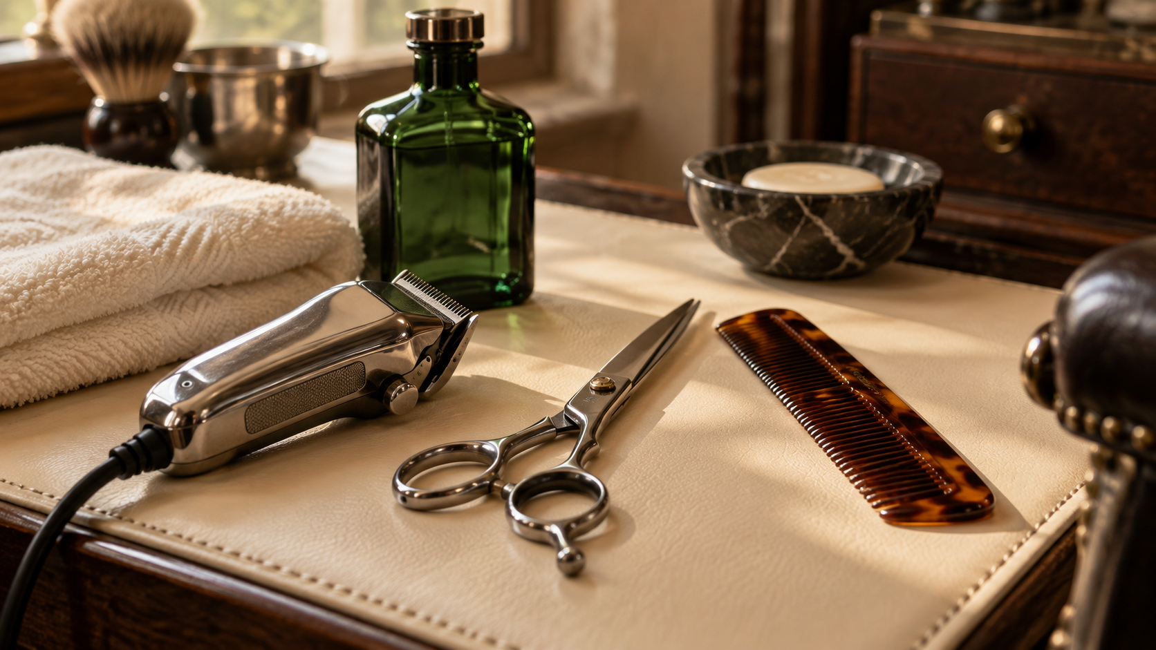 Classic barber tools arranged on cream leather