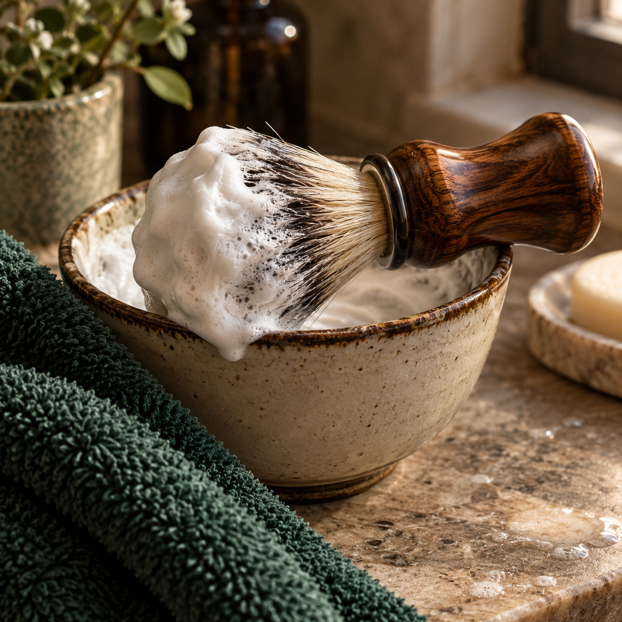 Shaving brush with rich lather on an espresso ceramic bowl